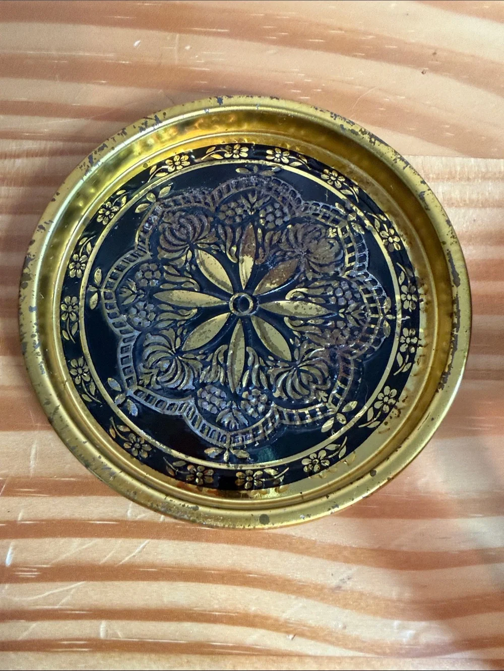 Vintage Stamped Brass Coasters Black Floral Rosette Design - Pair of 2
